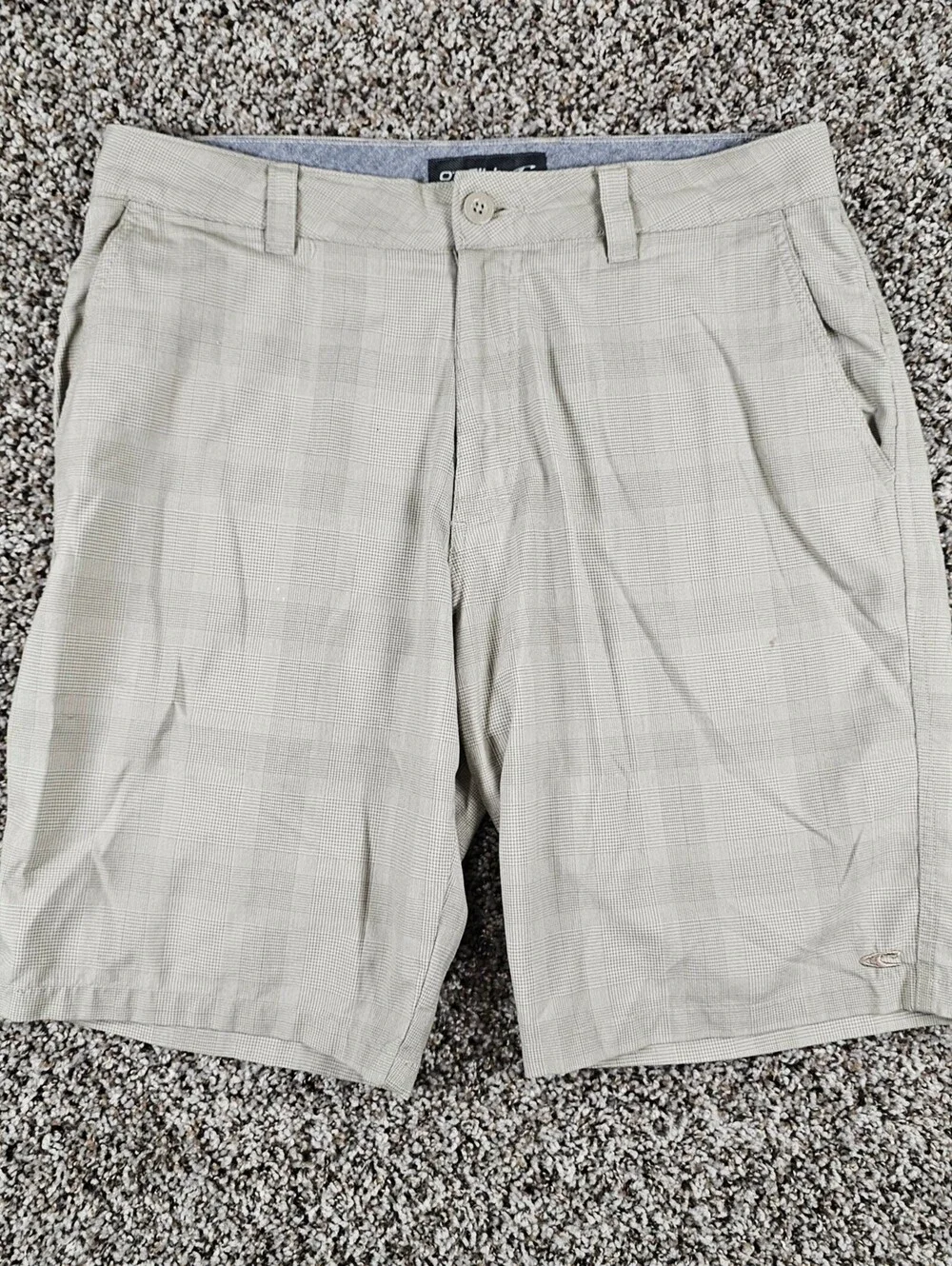 O'Neill Mens Sz 32 Flat Front Chino Style Shorts Cream Plaid Y2K